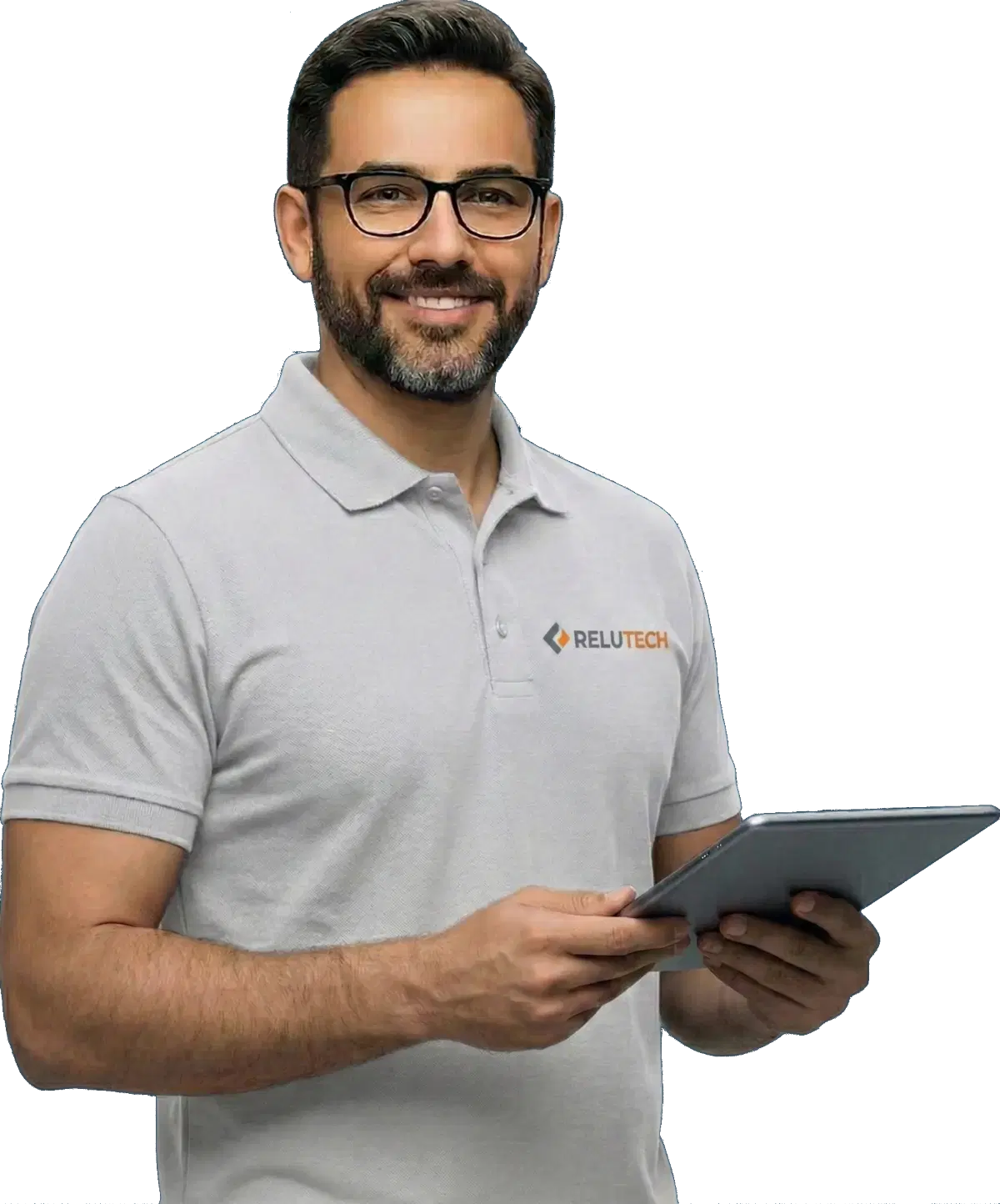 Cloud Migration Expert with Tablet and ReluTech logo shirt Cloud Migration Expert with Tablet and ReluTech logo shirt